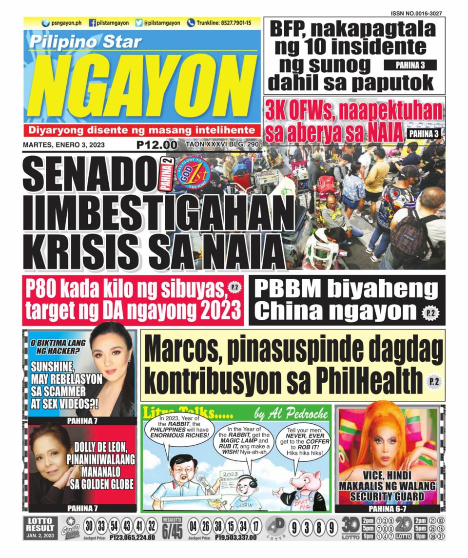 892016 Pilipino Star Ngayon Cover January 03 2023 Issue 
